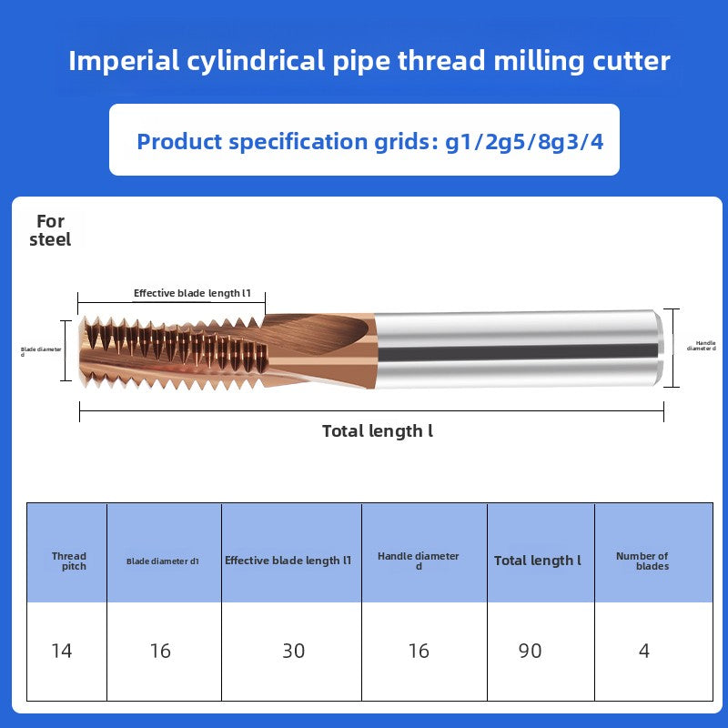 Inch tungsten steel cylindrical pipe thread milling cutter sealed type CNC numerical control tool G1/4 steel coating