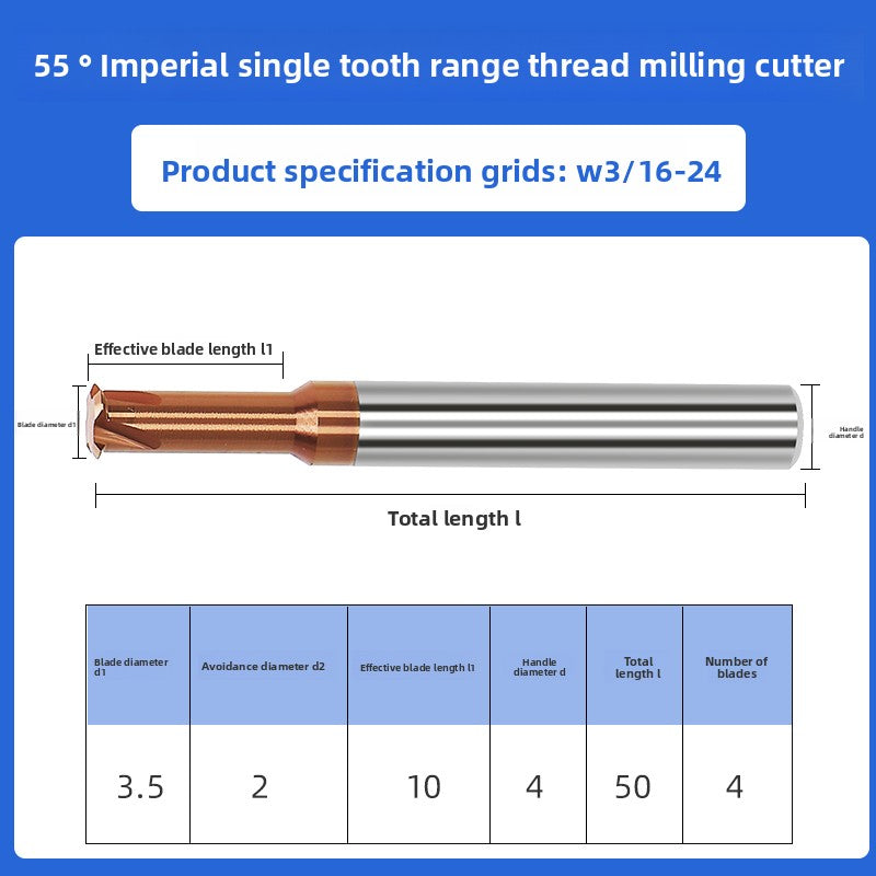 Inch single tooth tungsten steel cylindrical pipe thread milling cutter sealing type CNC numerical control tool for aluminum steel coating