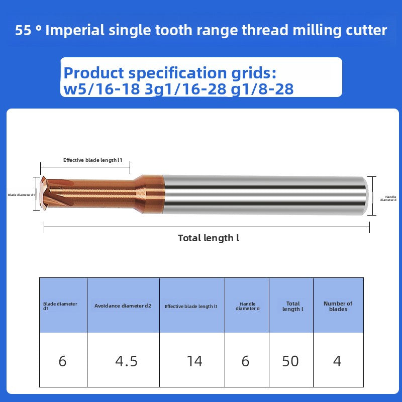 Inch single tooth tungsten steel cylindrical pipe thread milling cutter sealing type CNC numerical control tool for aluminum steel coating