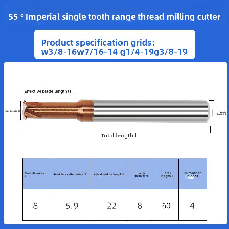 Inch single tooth tungsten steel cylindrical pipe thread milling cutter sealing type CNC numerical control tool for aluminum steel coating