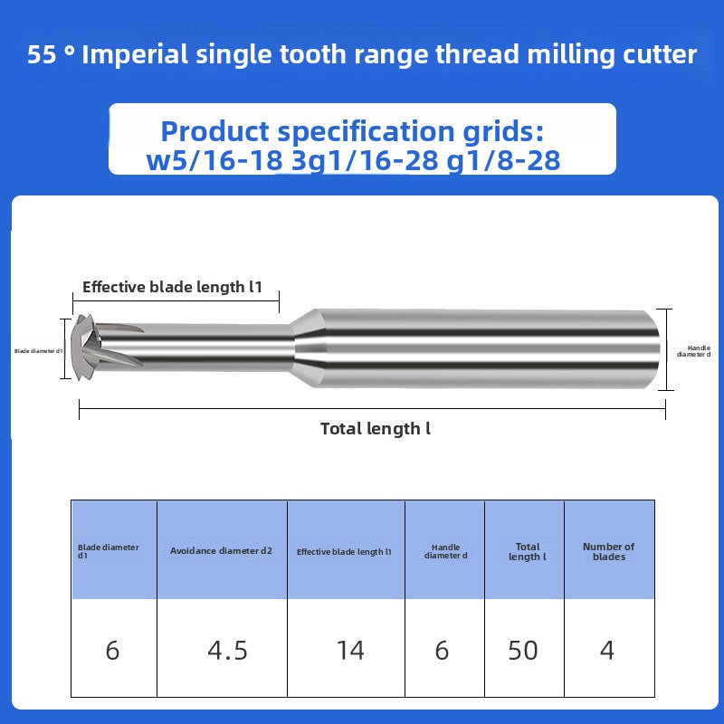 Inch single tooth tungsten steel cylindrical pipe thread milling cutter sealing type CNC numerical control tool for aluminum steel coating