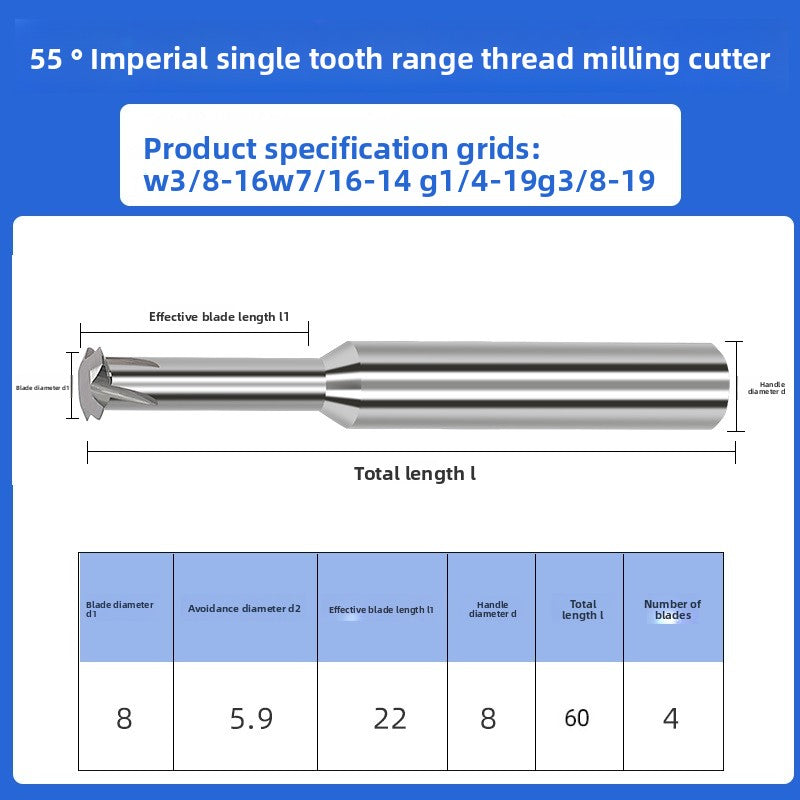 Inch single tooth tungsten steel cylindrical pipe thread milling cutter sealing type CNC numerical control tool for aluminum steel coating