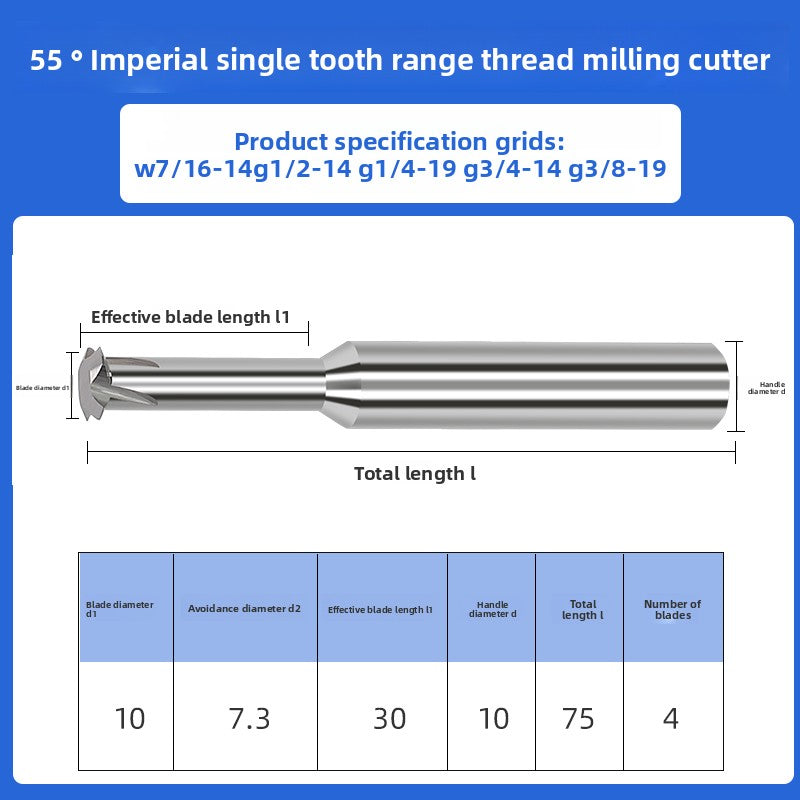 Inch single tooth tungsten steel cylindrical pipe thread milling cutter sealing type CNC numerical control tool for aluminum steel coating