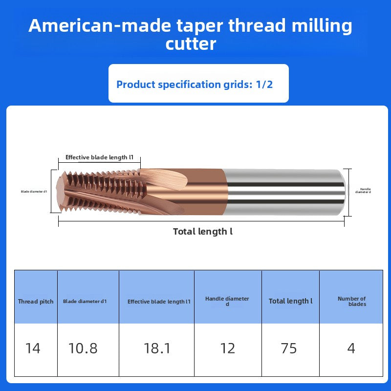 Tungsten Steel Alloy US Tapered Pipe Thread Milling Cutter Aluminum Coating CNC Machining Center