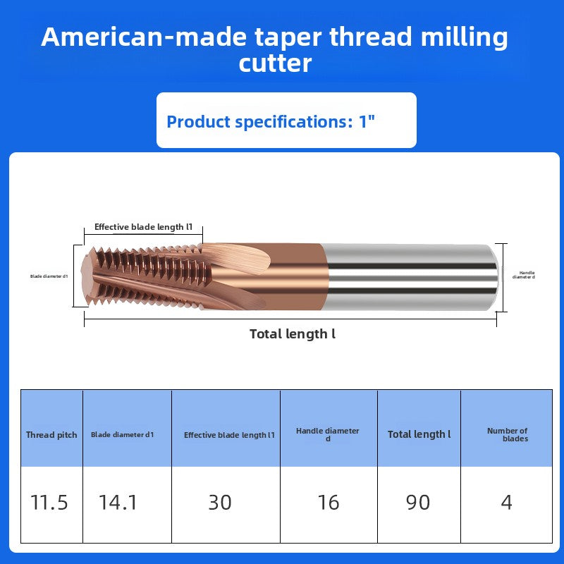 Tungsten Steel Alloy US Tapered Pipe Thread Milling Cutter Aluminum Coating CNC Machining Center