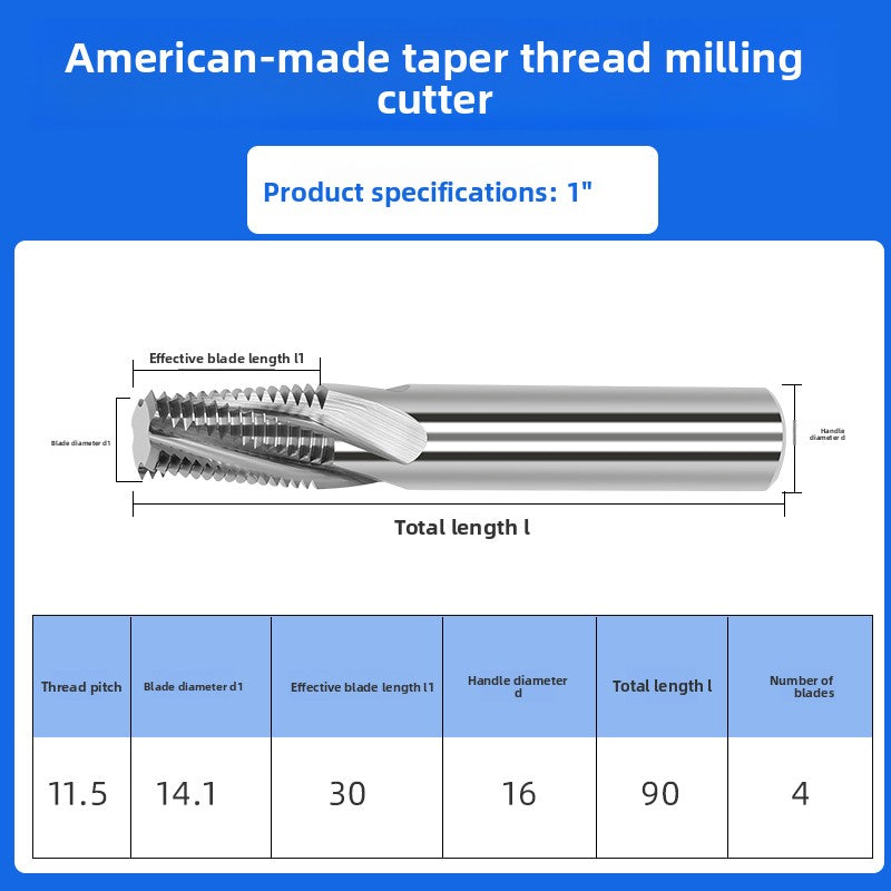 Tungsten Steel Alloy US Tapered Pipe Thread Milling Cutter Aluminum Coating CNC Machining Center